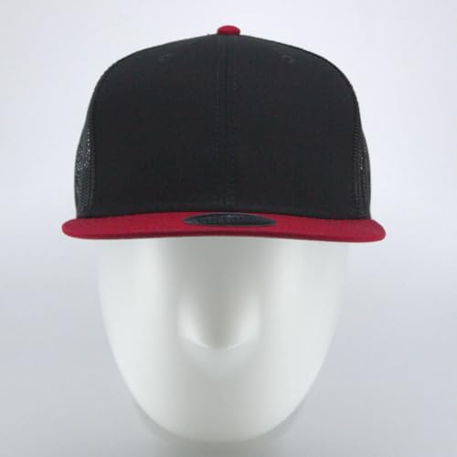 Plain Cotton Twill Flat Brim Mesh Adjustable Snapback Trucker Baseball Cap - color: Red/Black/Black