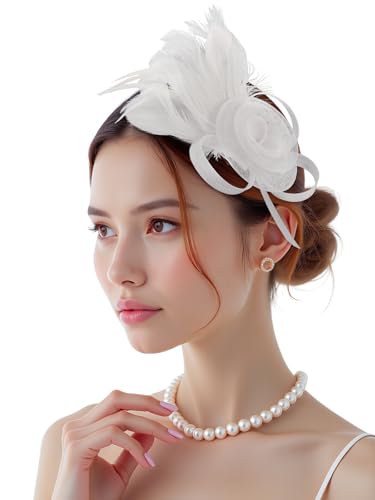 Fascinators Hats for Girls and Women Feather Tea Party Hats Weddinh Mesh Hat with Headband and Clip - color: White