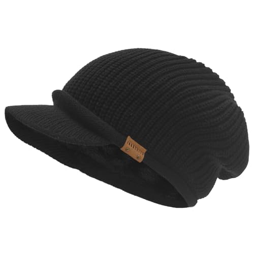 Winter Beanie with Visor - Stylish Knit Hat with Bill - Thick Brimmed Beanies with Fleece Lining Men and Women - color: B326-black