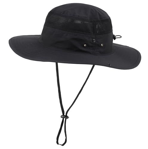 Connectyle UPF 50+ Wide Brim Sun Hat for Men Breathable Cowboy Boonie Hats Outdoor Bucket Hat for Fishing Hiking Safari - color: Black