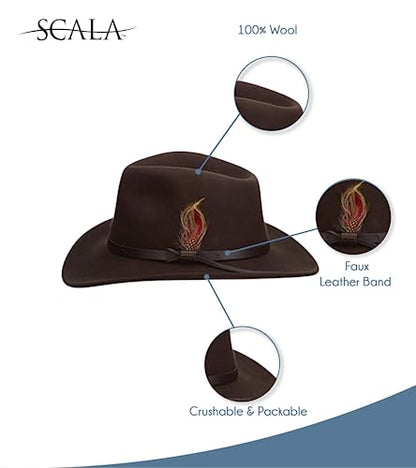 Scala - Outback Hat for Men, Wool Felt Sun Hat, Wide Brim UV Protection - color: Chocolate, size: Large