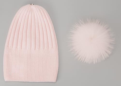 Women's Winter Ribbed Cuffed Beanie Skull Cap with Genuine Raccoon Fur Pom - color: Rc Pink