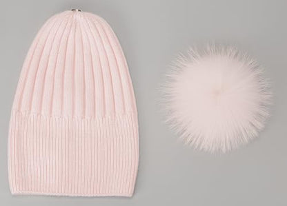 Women's Winter Ribbed Cuffed Beanie Skull Cap with Genuine Raccoon Fur Pom - color: Rc Pink
