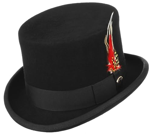 GEMVIE Men 100% Wool Top Hat Mad Hatter Satin Lined Black Low Top Hats for Party - color: Black-5.5" High, size: 7 3/8