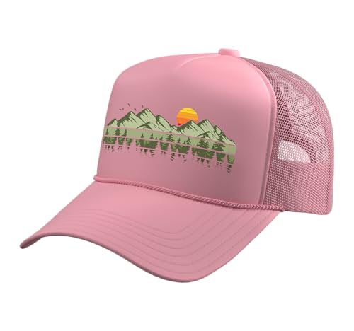 Trees Landscape Mountains Vintage Forest Trucker Hat with Adjustable Mesh Back - color: Pink
