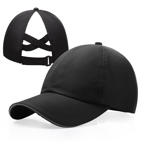 Girls Criss Cross Ponytail Hat Mesh Baseball Cap Kids Quick Dry Ponycap Hats Outdoor Summer Sports Hat Age 7-12 - color: Black