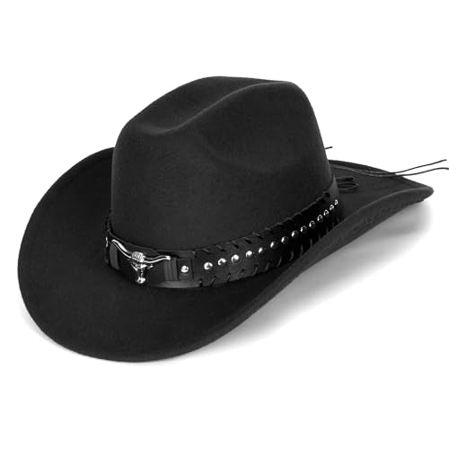 Felt Fedora Western Cowboy Hat for Women Men - color: Black-bull Rivet Band
