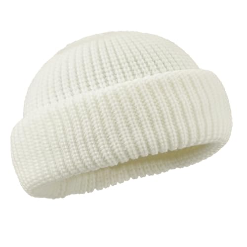 Clakllie Trawler Beanie Watch Hat Knit Cuffed Skullcap Roll-up Edge Stocking Hats Rolled Cuff Knitted Hat Ski Cap - color: Cdus-ddth3-white