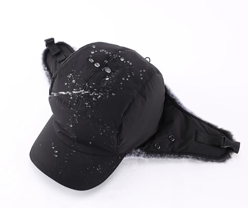 Home Prefer Waterproof Mens Faux Fur Trooper Trapper Hat Hunting Warm Winter Hat with Ear Flaps Visor Face Mask - color: Black