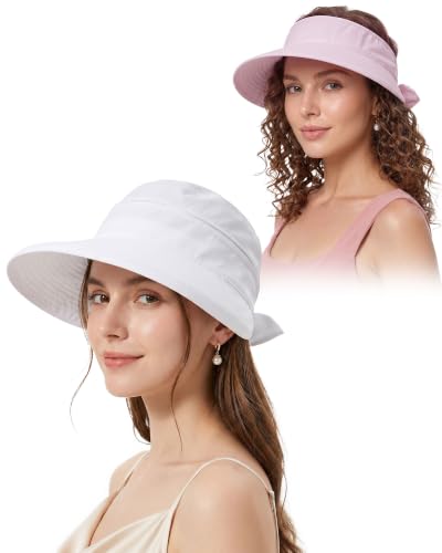 CHUNG 2 Pack Women Sun Visor Hat Wide Brim Summer UV Protection Zip-Off - color: White/Light Purple