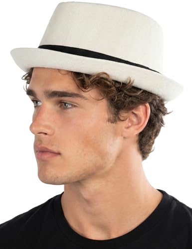 Funky Junque Wool Blend Porkpie Fedora, Classic Trilby Dress Hat - color: Cream Herringbone, size: Large