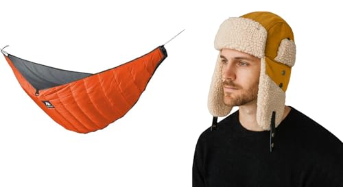 Trapper Hat + Hammock Underquilt, Warm Winter Russian Aviator Hat with Fleece Ear Flaps for Men Women, Orange Under Quilt for Single Hammock