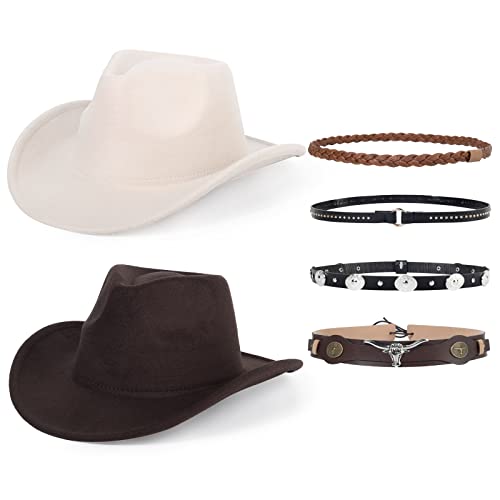 2 Pack Western Cowboy Hats for Women Men 2 Different hat Bands - color: White+coffee2