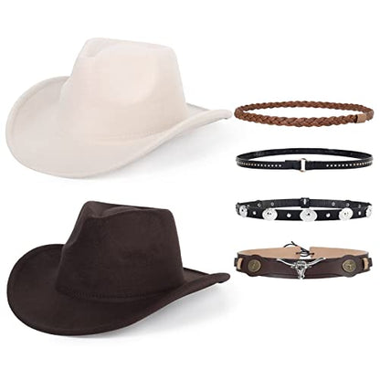 2 Pack Western Cowboy Hats for Women Men 2 Different hat Bands - color: White+coffee2