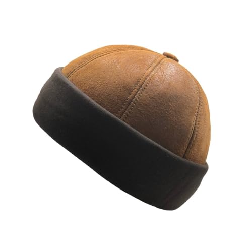 Lukkizara Winter Sheepskin Leather Fur Knit Beanie Cuff Round Bucket Winter Ski Docker Hat - color: Aged Cognag Rust