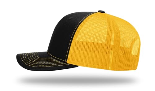 Richardson 112 Trucker Hat - Premium Blank Baseball Cap, Adjustable Snapback Hat - Structured Six Panel Richardson Blank Hats - color: Black/Gold
