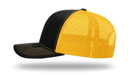 Richardson 112 Trucker Hat - Premium Blank Baseball Cap, Adjustable Snapback Hat - Structured Six Panel Richardson Blank Hats - color: Black/Gold