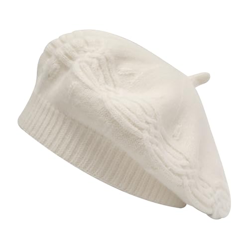 ZLYC Women French Beret Hat Reversible Solid Color Knit Warm Artist Cap - color: Cable Knit White