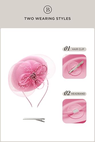 BABEYOND Fascinators Hats for Women Tulle Pillbox Knot Bead Tea Party Hat - color: Pink