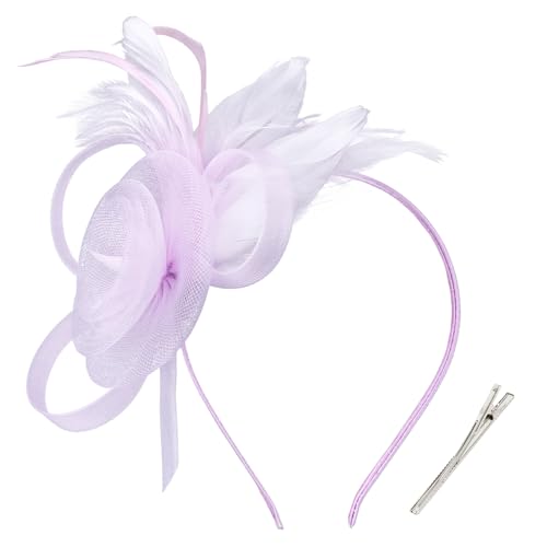 AMCAMI Fascinators Hats with Feather for Women 2026 Derby Hats Small Tea Party Hat with Headband - color: Light Purple