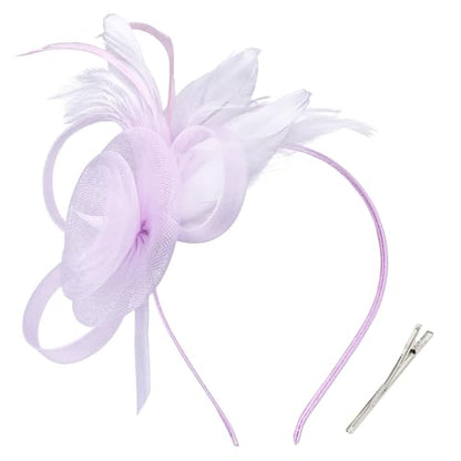 AMCAMI Fascinators Hats with Feather for Women 2026 Derby Hats Small Tea Party Hat with Headband - color: Light Purple
