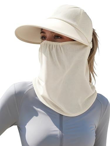 Outdoor Wide Brim Sun Hat Visor for Women, Detachable Face & Neck Cover, Hiking Gardening UPF 50+, Ponytail Friendly - color: Beige