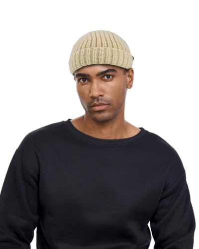 Chunky Wool Fisherman Short Beanie Hats Skull Cap for Men, Mens Thick Skater Streetwear Fishermans Beanie Daily Hat - color: Ivory