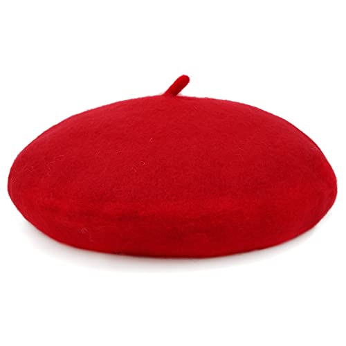 Women French Wool Beret Hats - Solid Color Classic Beanie Winter Cap - color: Thicker-red