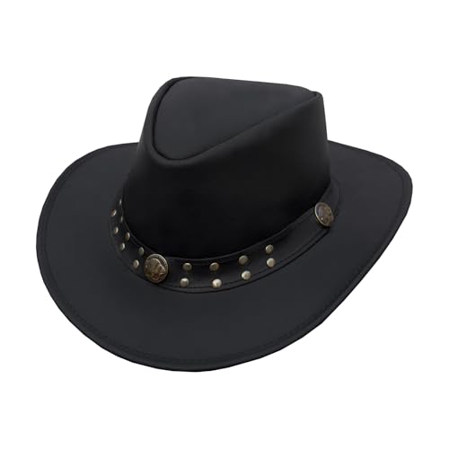 GARGOYLE BELLS Genuine Leather Cowboy Western Hat for Men Woman Studded Steampunk Hat Deadman Top Hat for Halloween Costume - color: Black, size: Medium