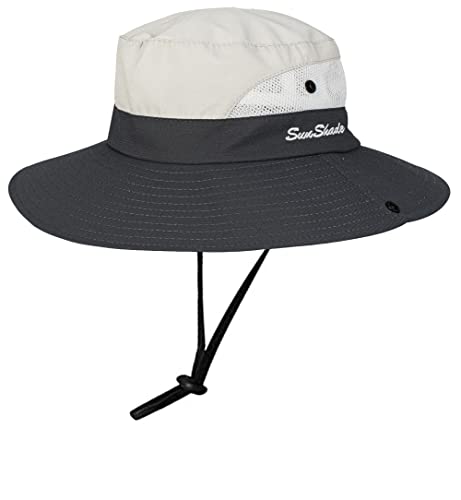 Women's Outdoor-UV-Protection-Foldable-Sun-Hats-Wide-Brim Hat Ponytail-Hole - color: Beige/Grey