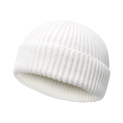 Wool Fisherman Beanies for Men Women Short Cuff Knit Beanie - color: White