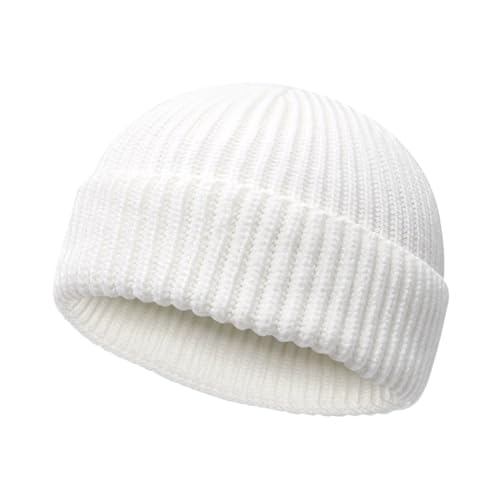 Wool Fisherman Beanies for Men Women Short Cuff Knit Beanie - color: White
