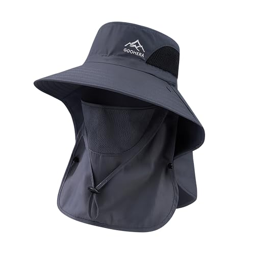 Sun Hat for Men & Women, Breathable Wide Brim Outdoor Fishing Hat with Face Cover & Neck Flap - color: Dark Gray