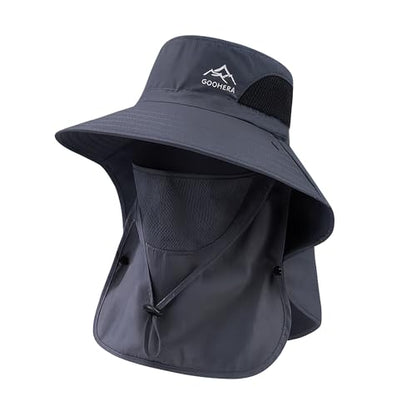 Sun Hat for Men & Women, Breathable Wide Brim Outdoor Fishing Hat with Face Cover & Neck Flap - color: Dark Gray