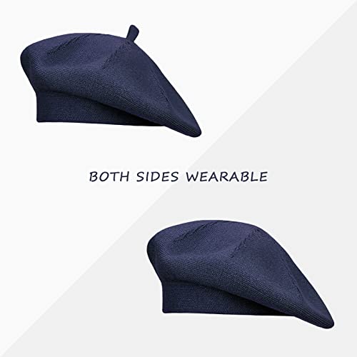 Gllutt Beret Hat French Style Stretchy Knitting Solid Color Both Side Usable - color: Light Navy Blue