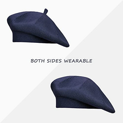 Gllutt Beret Hat French Style Stretchy Knitting Solid Color Both Side Usable - color: Light Navy Blue