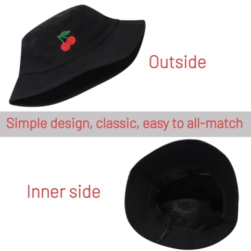 Cotton Bucket Hat for Women Men Summer Travel Sun Beach Bucket Cap, Unisex Outdoor Fisherman Hat - color: Cherry Black