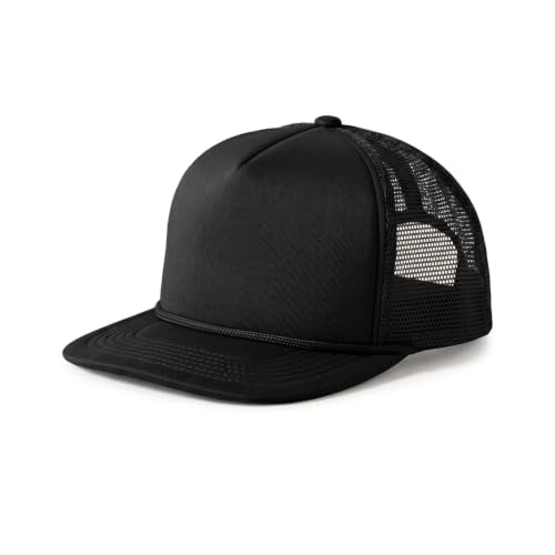 CHOK.LIDS Blank Foam Trucker Hat, Retro Mesh Rope Snapback Cap, Men Women - color: Flat Brim (Black)