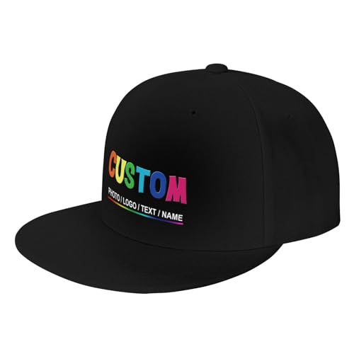 Custom Snapback Hats for Men Personalized Hip Hop Flat Bill Brim Baseball Cap Add Your Own Text Photo Logo - color: Single Color - Black