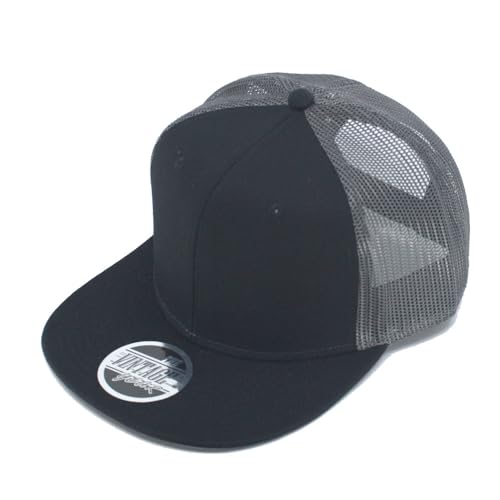 Plain Cotton Twill Flat Brim Mesh Adjustable Snapback Trucker Baseball Cap - color: Black