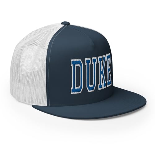 NG Duke Flat Bill Embroidered Trucker Hat High Crown Adjustable Cap - color: Navy/ White
