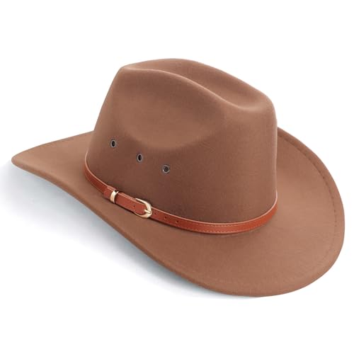AQOKKA Western Cowboy Hats for Women Classic Felt Wide Brim Fedora Hat with Belt Buckle Retro Panama Hat Unisex Rolled up Cap - color: K-fedora Hat : Khaki a, size: Large