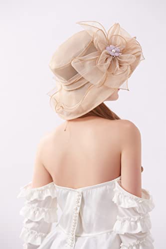 Organza Fascinator Hat - Women’s Wide Brim Church Bridal Tea Party Wedding Hat - color: 02a-lightgold