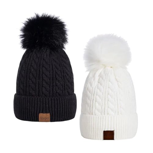 Alepo Womens Winter Beanie Hat, Warm Fleece Lined Knitted Soft Ski Cuff Cap with Pom Pom - color: Black+white