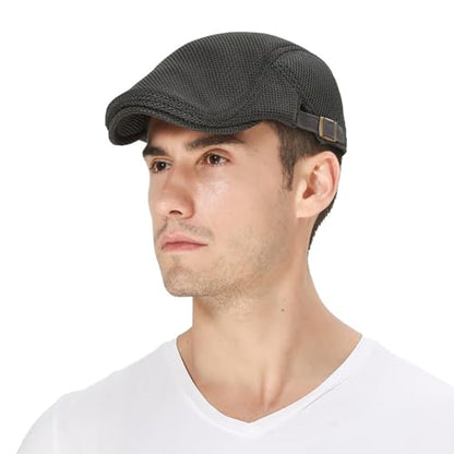 DIYDECAL Mens Breathable Mesh Summer Hat Adjustable Newsboy Beret Ivy Cap Cabbie Flat Cap - color: Dark Grey