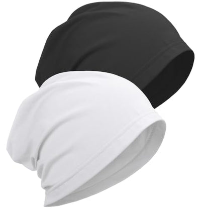 ROYBENS 100% Cotton Thin Slouchy Beanie Hat Women Men Lightweight Chemo Cap - color: 2pcs Black+white