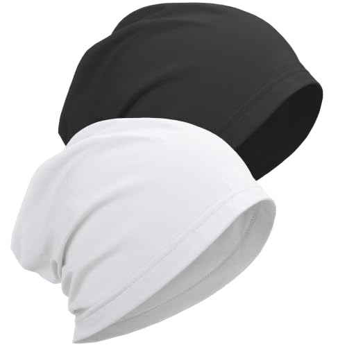 ROYBENS 100% Cotton Thin Slouchy Beanie Hat Women Men Lightweight Chemo Cap - color: 2pcs Black+white