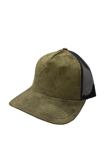 Ashen Fane Faux Suede Polyester Blend 5 Panel Classic Flat or Round Visor Adjustable Snapback Mesh Back Trucker Hat - color: Round - Olive Green