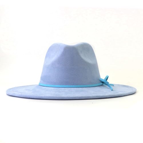 Fedora Hats for Women Man with Big Wide Brim Classic Suede Panama Hat Western Outdoor hat - color: Sky-blue