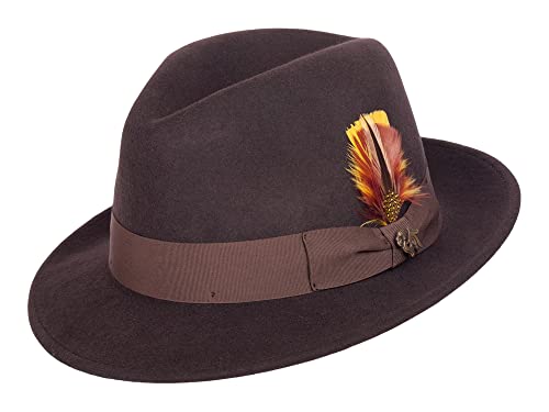 Bigalli Milano Hat Classic Mens Fedora Hat 100% Wool Felt Crushable Center Dent Water Repellent | Grosgrain Ribbon - color: Dark Brown, size: Small